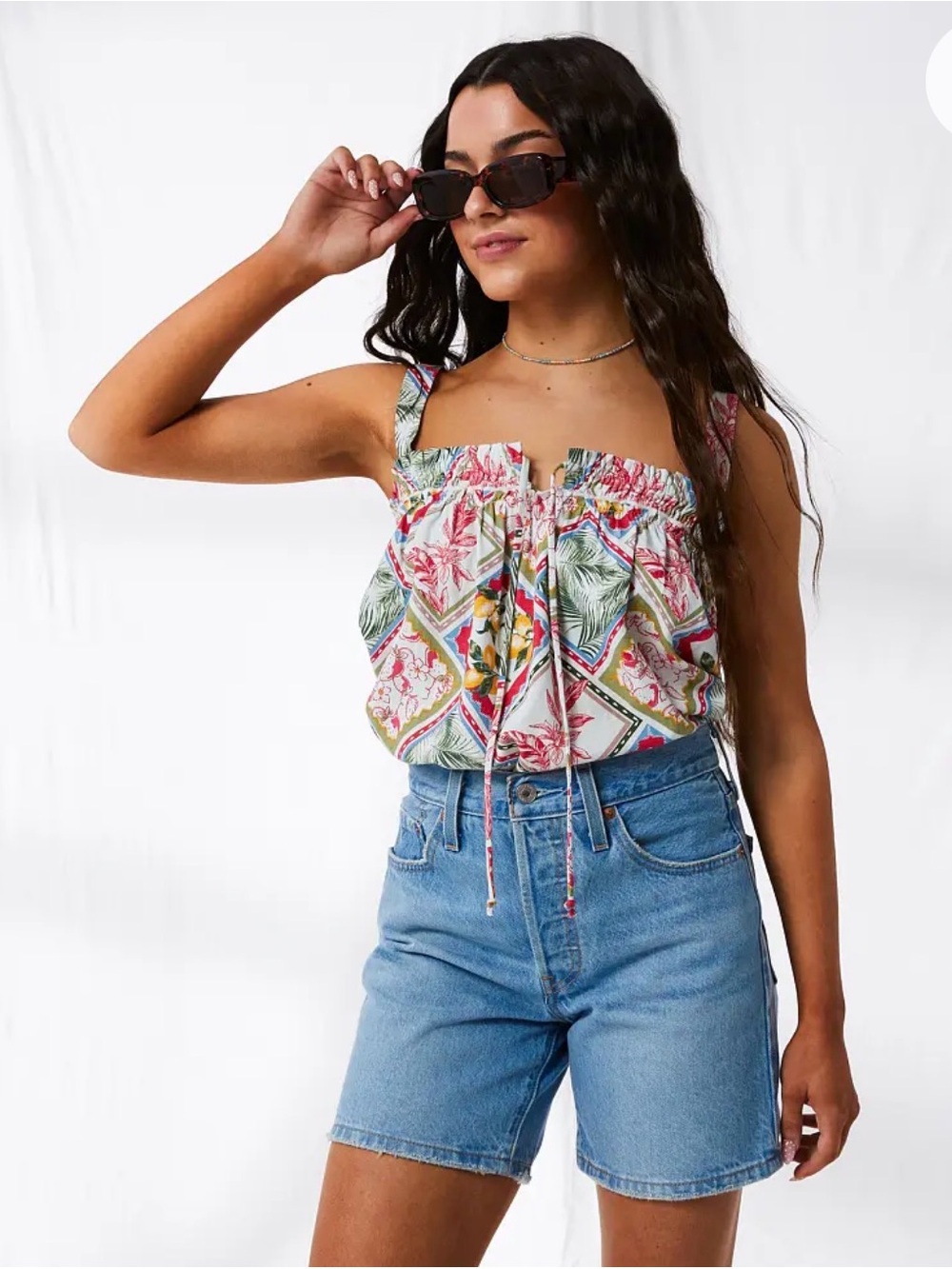 Square-Neck Smocked Floral Print Cami Tank - Pink & Green